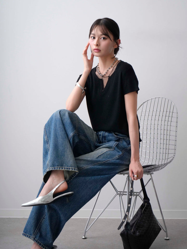 [SET]チュールレーヤードヘンリーフレンチニットトップス+立体カーブデニムパンツ(2set)