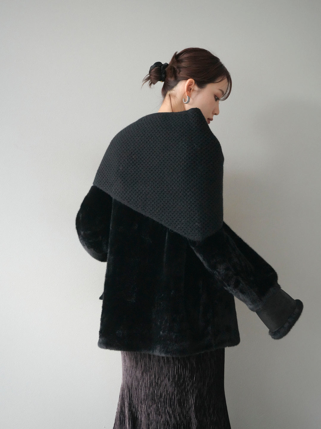 [SET]バッグ付エコファーノーカラーコート+選べるアクセセット(2set)