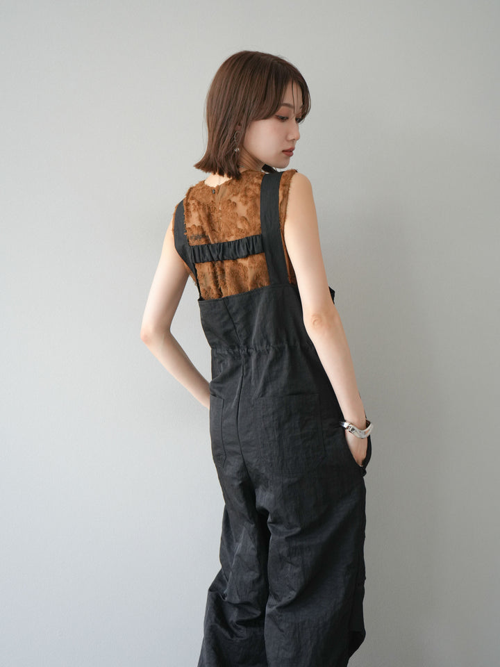 [予約]ナイロンタックデザインサロペット/ブラック