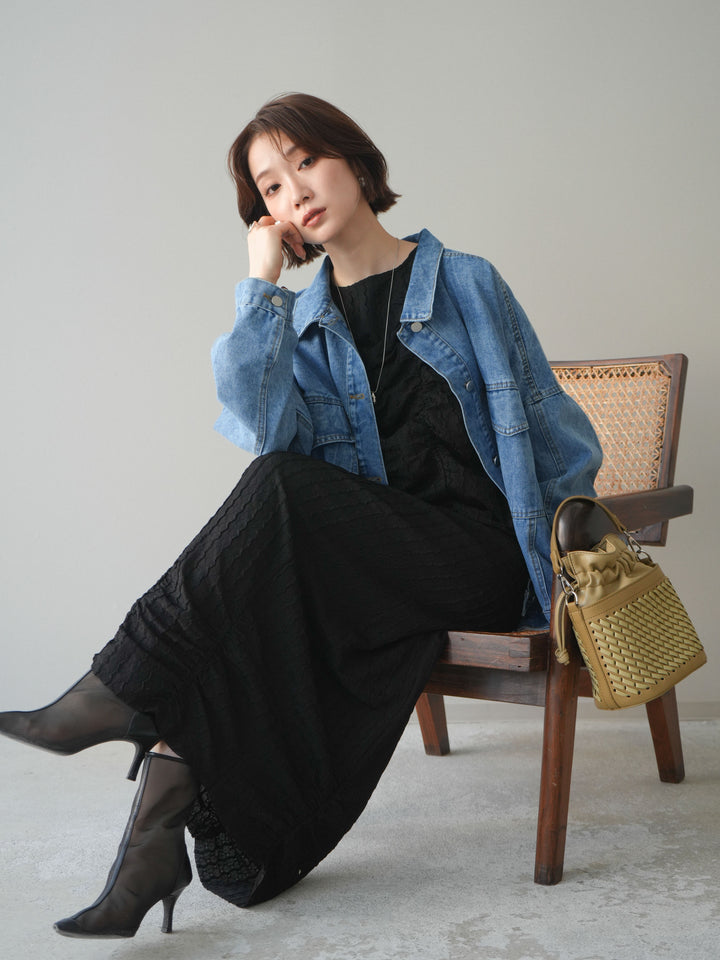 [SET]シャーリングジャガードノースリーブワンピース+ルーズシルエットデニムジャケット(2set)