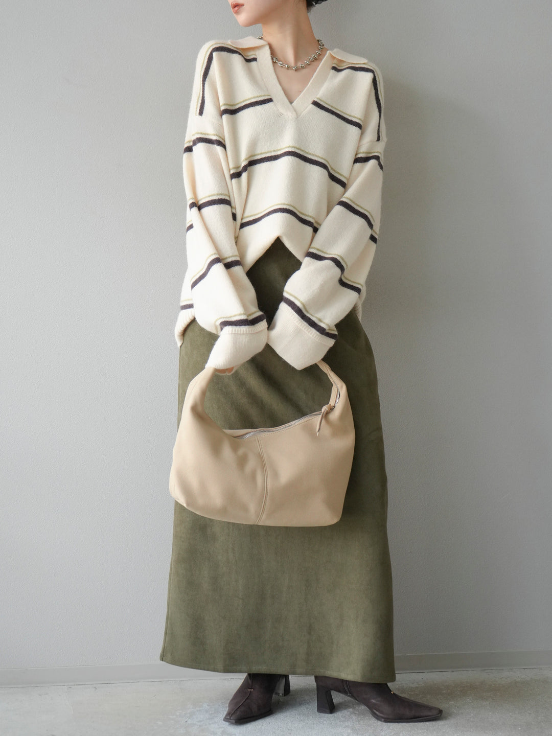 [予約]ポロ襟スキッパーボーダーニットプルオーバー/アイボリー