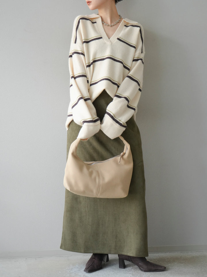 [予約]ポロ襟スキッパーボーダーニットプルオーバー/アイボリー