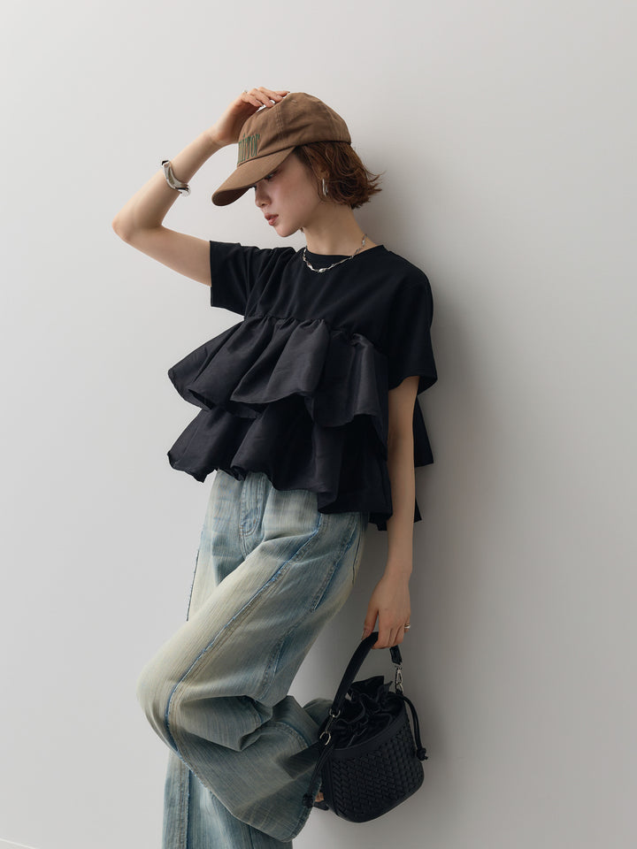 [SET]フリルティアードTEE+縦ウォッシュワイドデニムパンツ(2set)