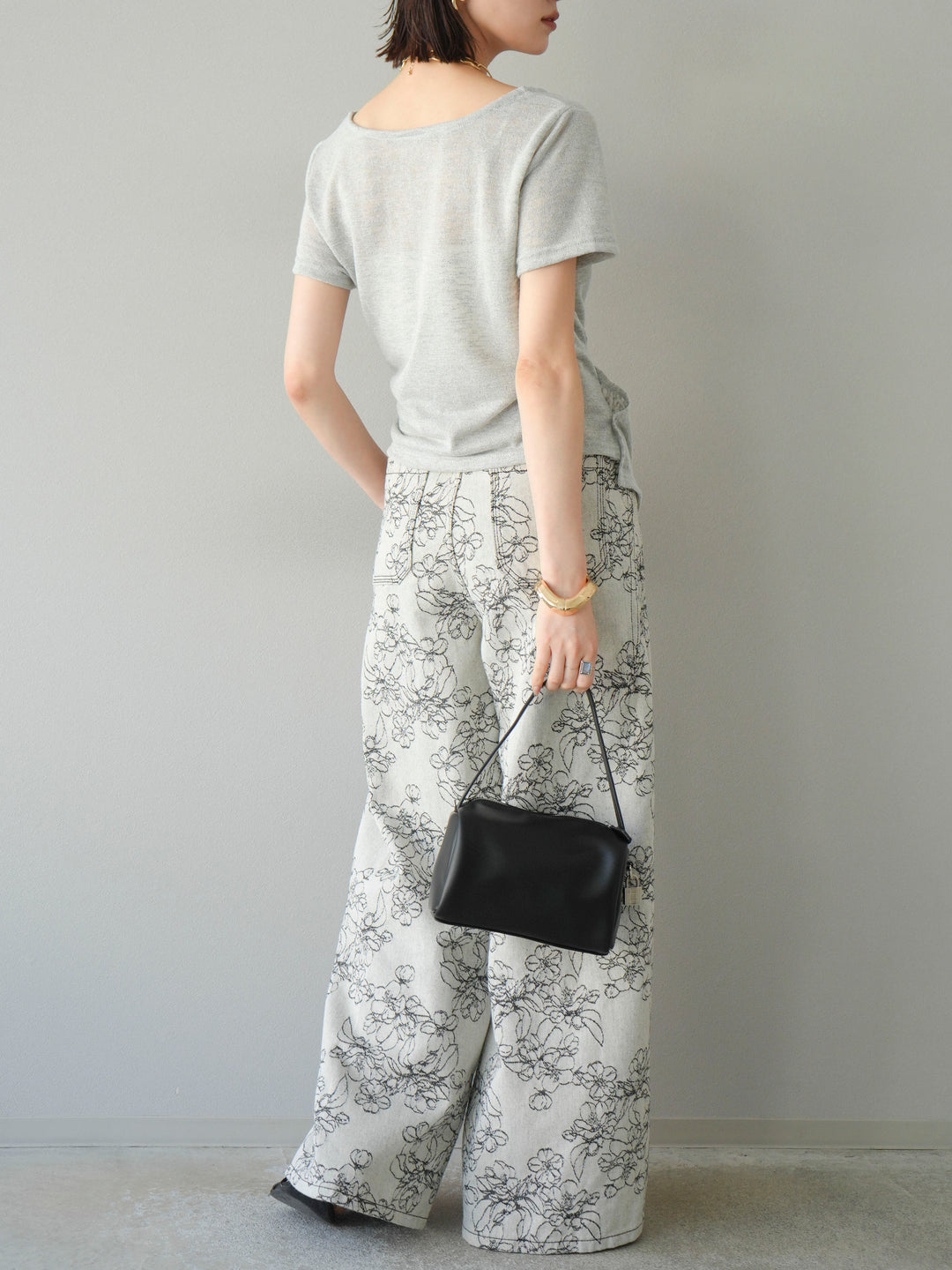 【預購】花朵提花牛仔寬褲/黑