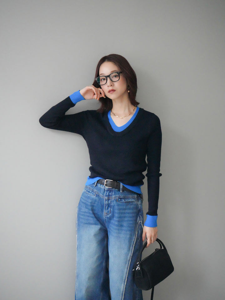 [SET]Uネック配色レイヤードリブニットトップス+サイドフリンジワイドデニムパンツ(2set)