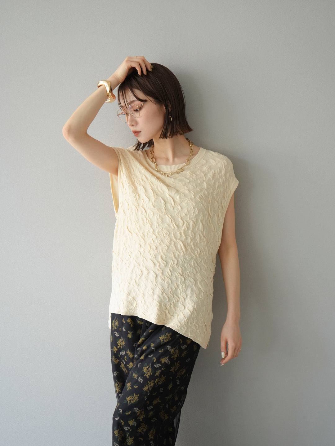 [SET]ポコポコノースリーブニットプルオーバー+コード刺繍チュールレイヤードパンツ(2set)