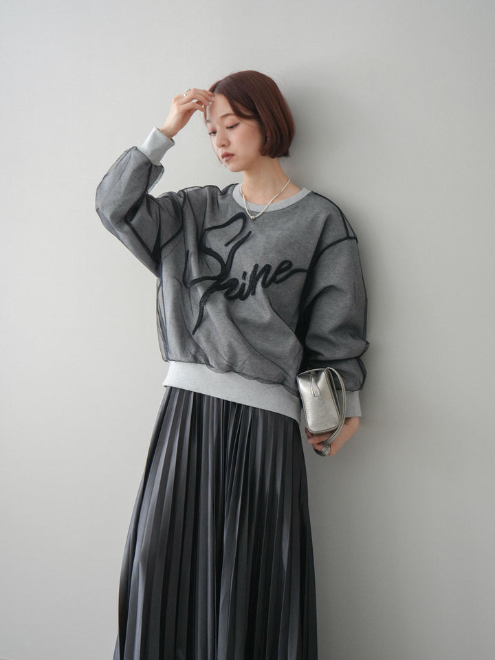 [SET]チュールレイヤードロゴスエットプルオーバー+サテンプリーツマキシスカート(2set)