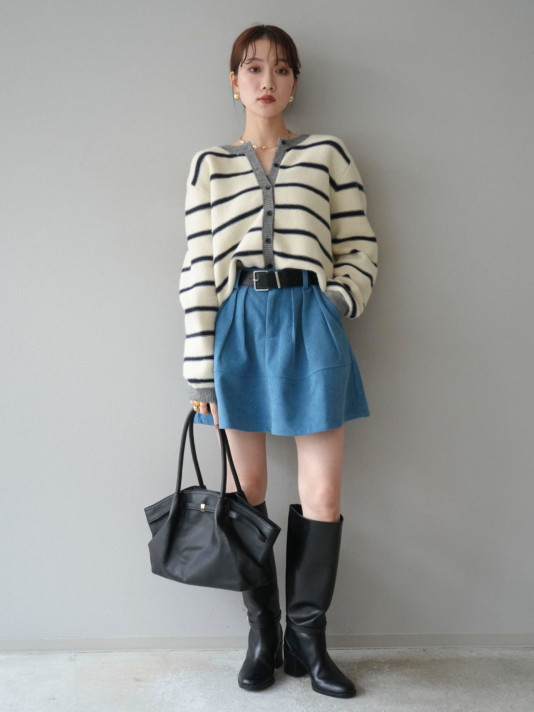 [予約]配色ボーダーニットカーディガン/apricot