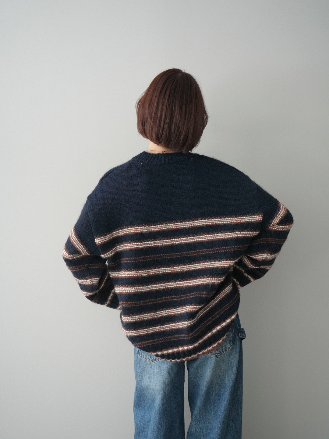 [予約]ステッチボーダーニットプルオーバー/navy