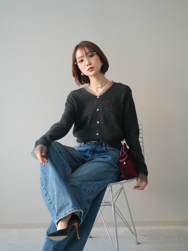 [SET]ドットチュールレイヤードボタンニットトップス+選べるアクセセット(2set)