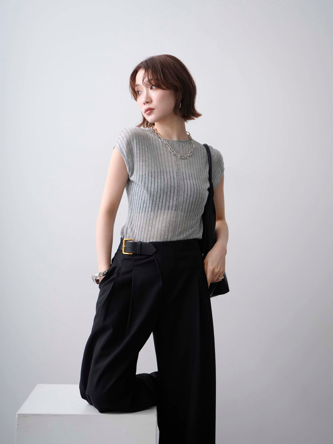 [予約]シアーリブフレンチニットトップス/grey