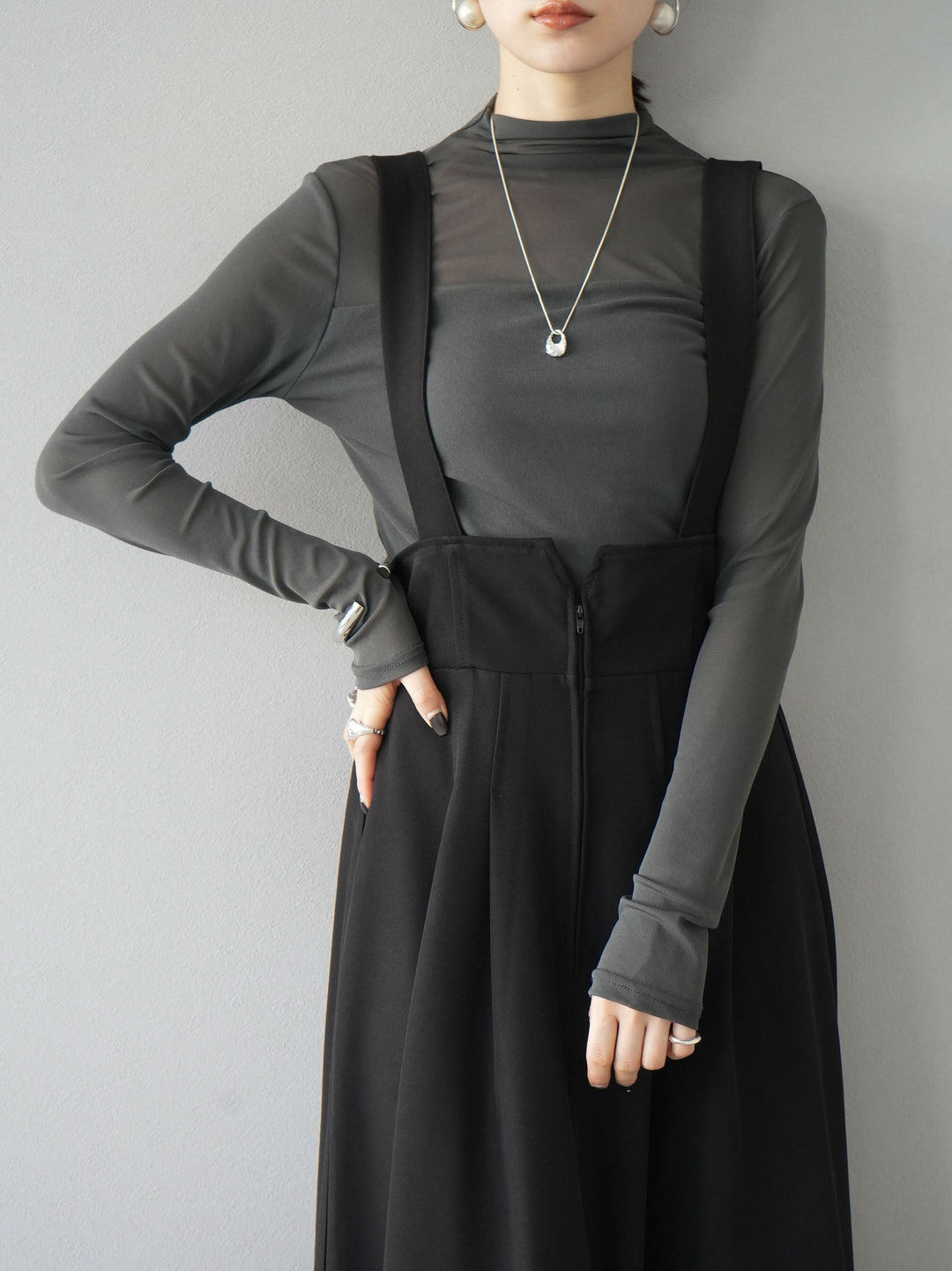 [SET]シアー切替ストレッチ長袖トップス+シアー切替ストレッチトップス(2set)