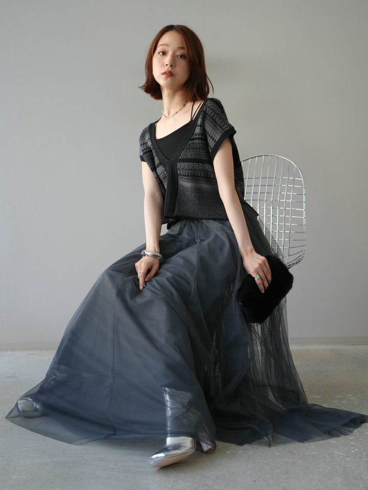 [予約]ガーター編み2WAYニットベスト/グレー×ブラック