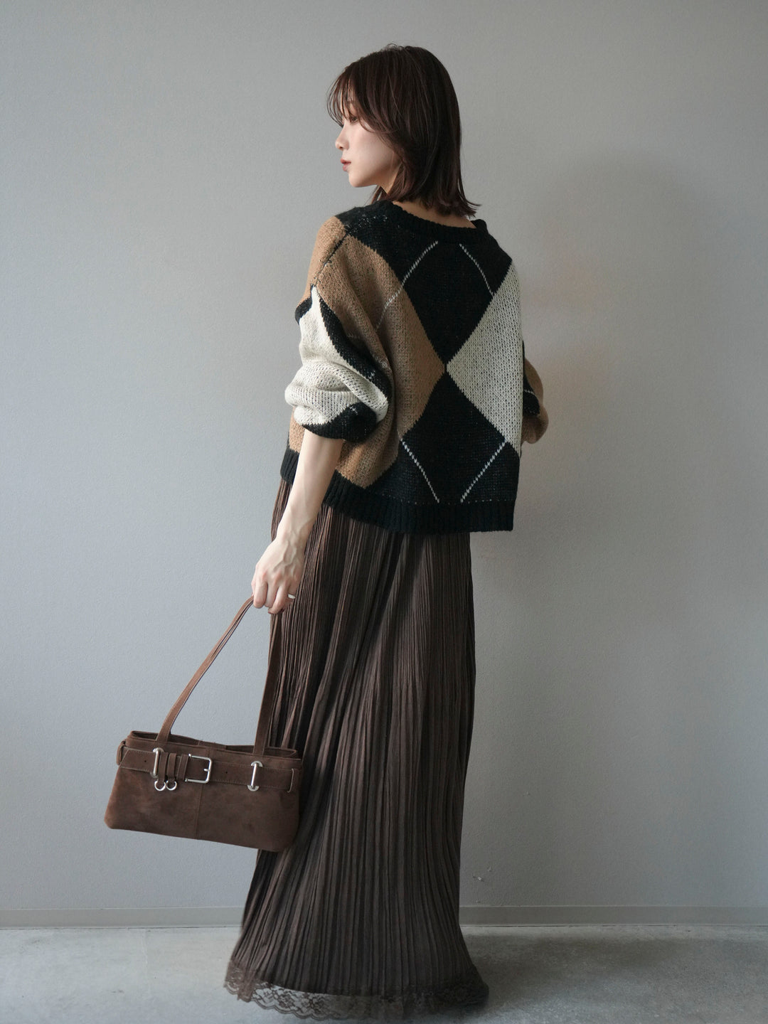 [SET]配色ステッチアーガイル柄ニットプルオーバー+裾レーススウェードプリーツマキシスカート(2set)