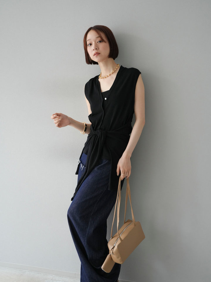 [SET]腰巻きデザインノースリーブニットカーディガン+ヒップデザインデニムパンツ(2set)