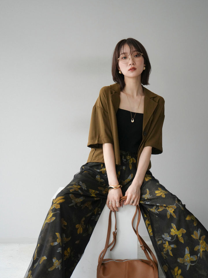 [SET]ハーフショートジャケット+フラワープリントチュールレイヤードパンツ(2set)