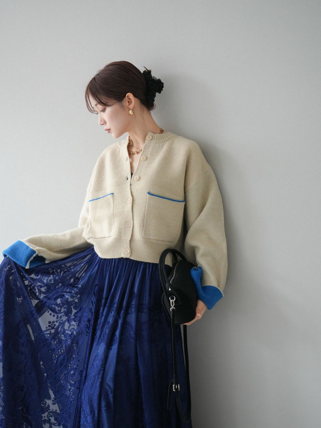 [SET]バイカラーオーバーニットカーディガン+アンティーク柄フロッキーマキシスカート(2set)