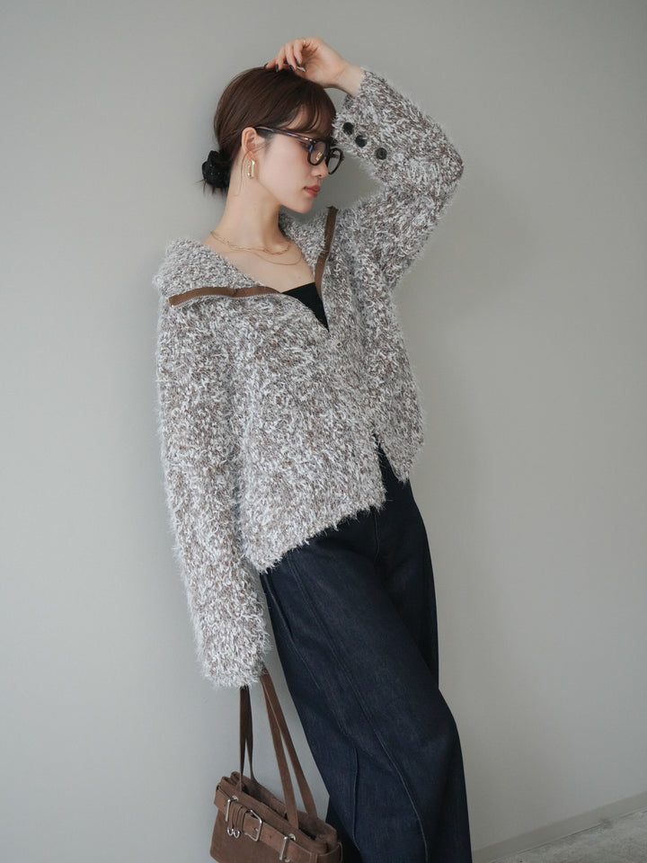 [予約]ミックスシャギージップニットカーディガン/brown