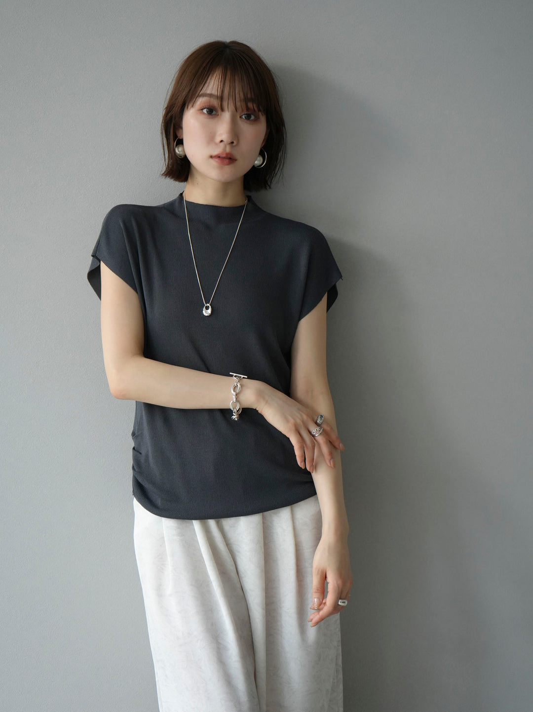 [Pre-order] Petite Neck Side Shirring Summer Knit Top/Gray