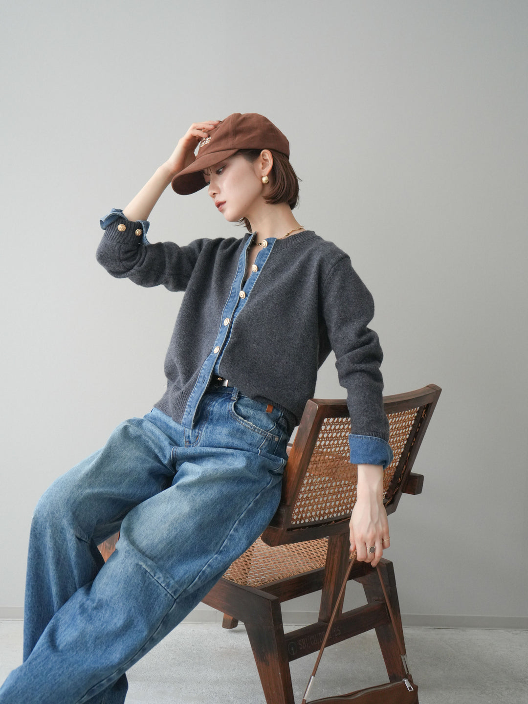 [SET]クルーネックデニムドッキングニットカーディガン+選べるアクセセット(2set)