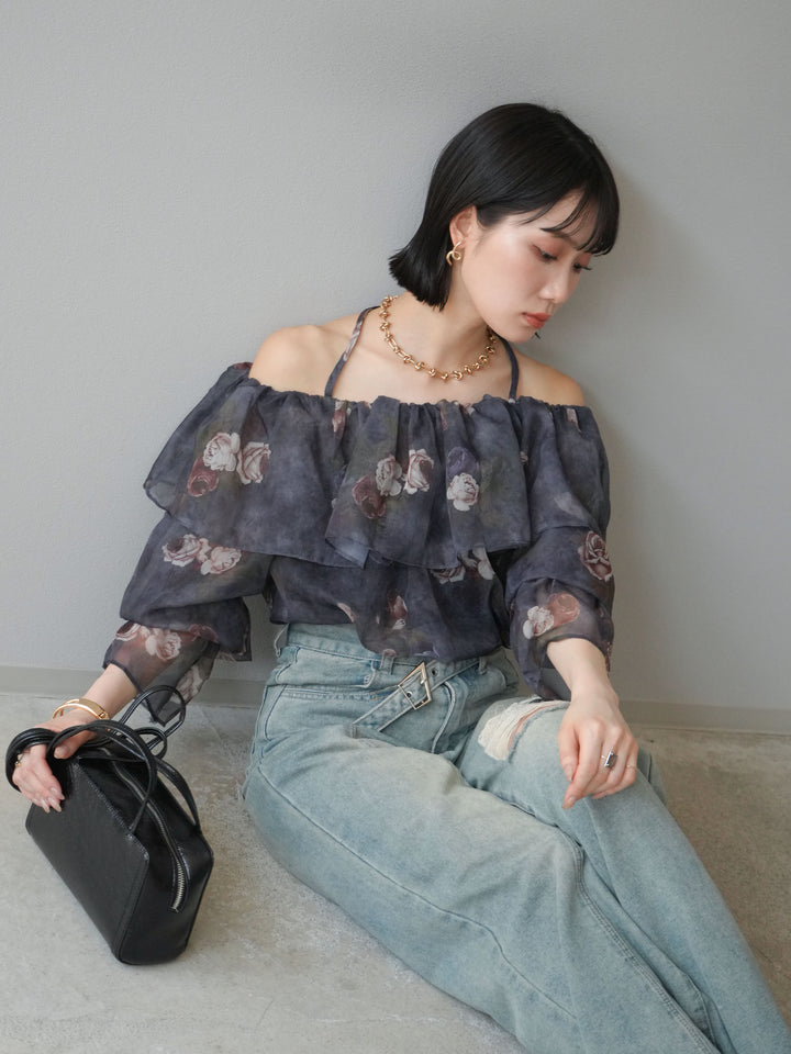 【預購】花朵露肩襯衫/藏青色