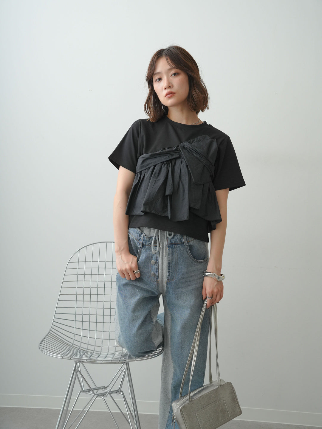 [SET]ナイロンドッキングツイストTEE +デニム切替スウェットパンツ(2set)