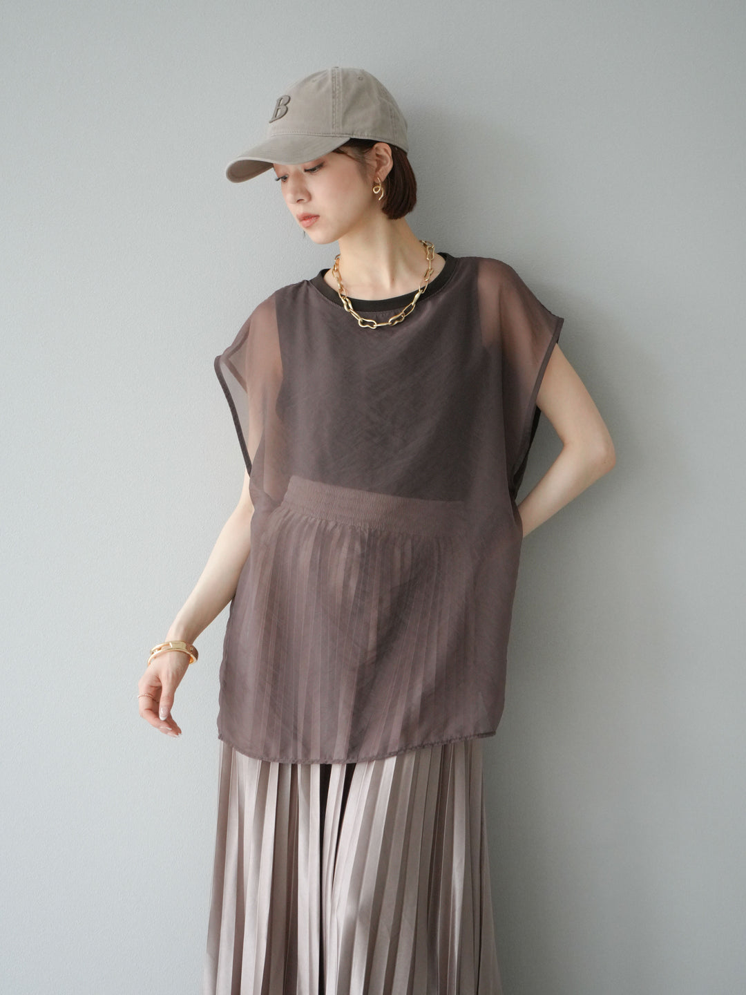 [予約]シアーレイヤードトップス/ダークブラウン