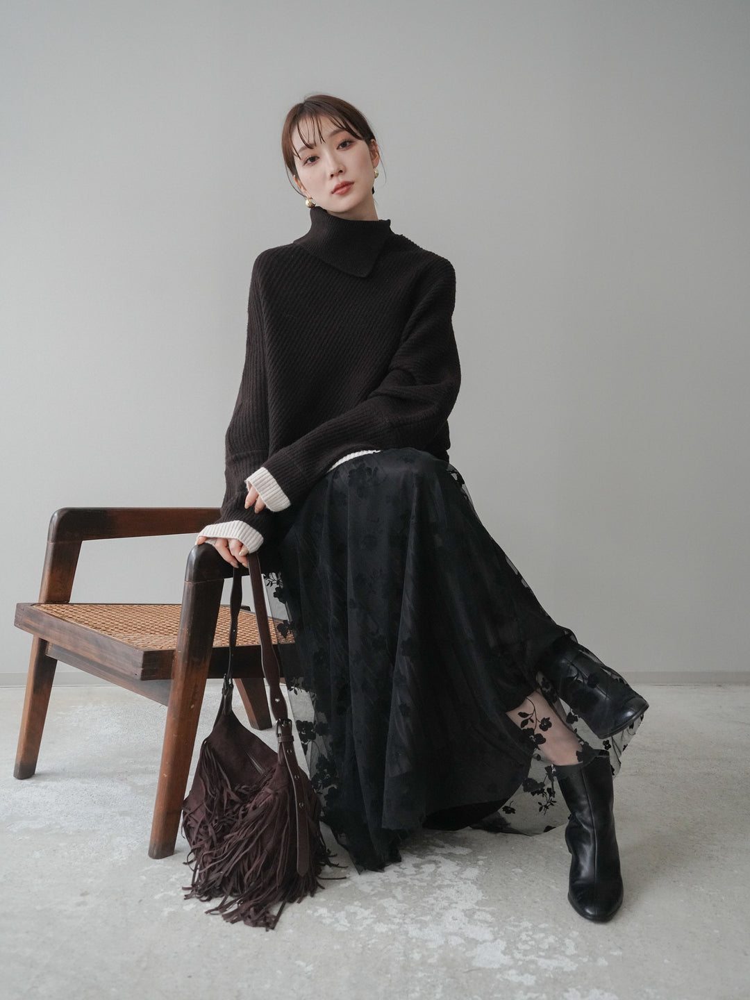 [予約]配色アシンメトリードルマンニットプルオーバー/brown