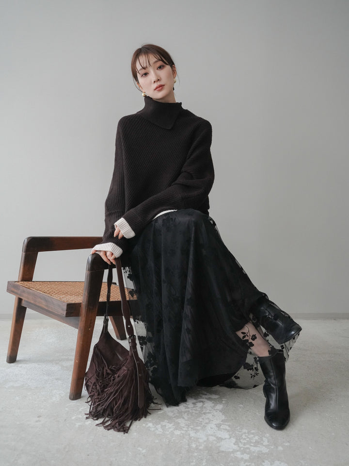 [予約]配色アシンメトリードルマンニットプルオーバー/brown