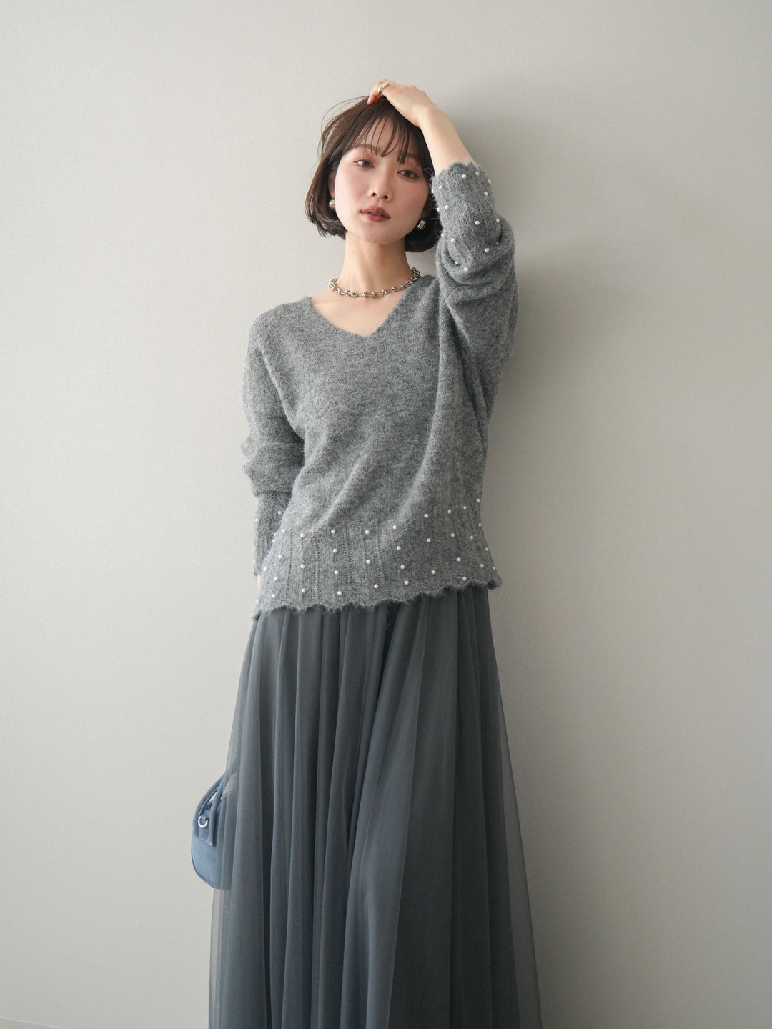 [SET]パールフリルリブヘムニットプルオーバー+チュールボリュームスカート(2set)