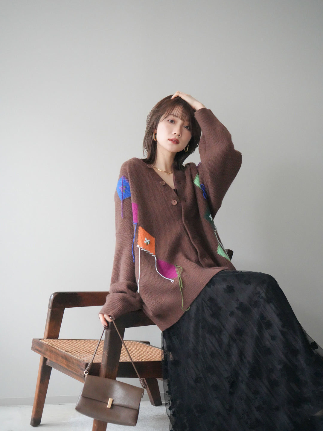 [予約]ハンドステッチアーガイルデザインニットカーディガン/brown