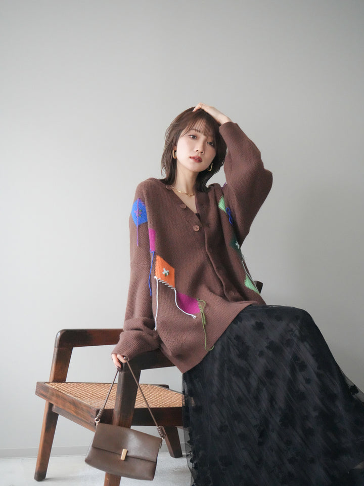[予約]ハンドステッチアーガイルデザインニットカーディガン/brown