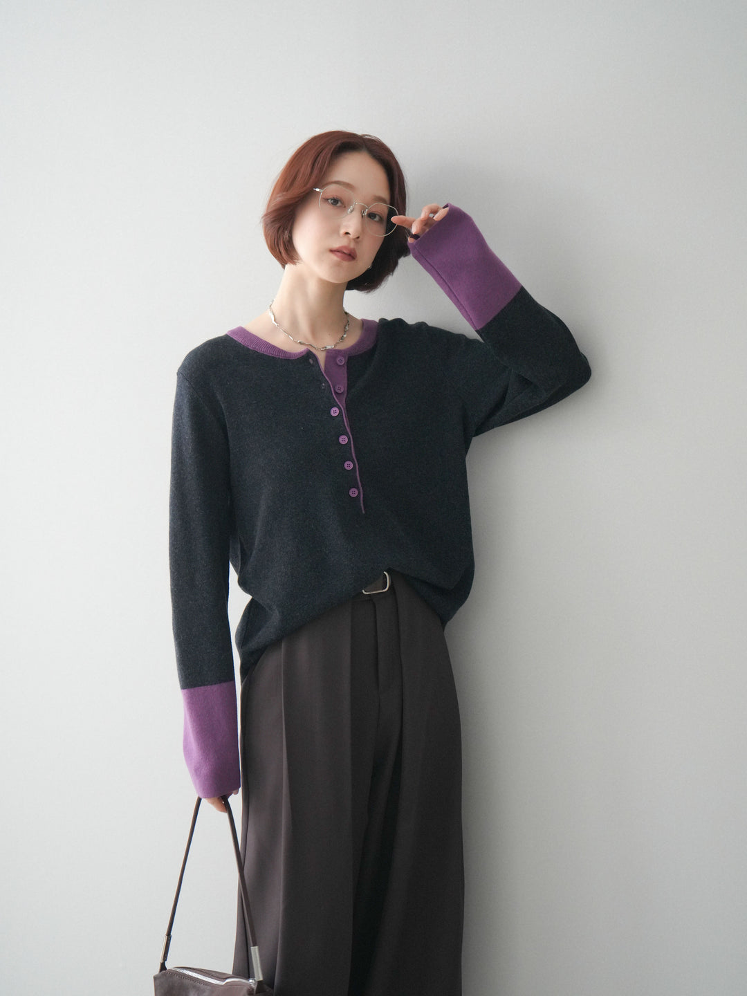 [SET]ヘンリーネック配色ニットソー+ベルトループデザインワイドパンツ(2set)