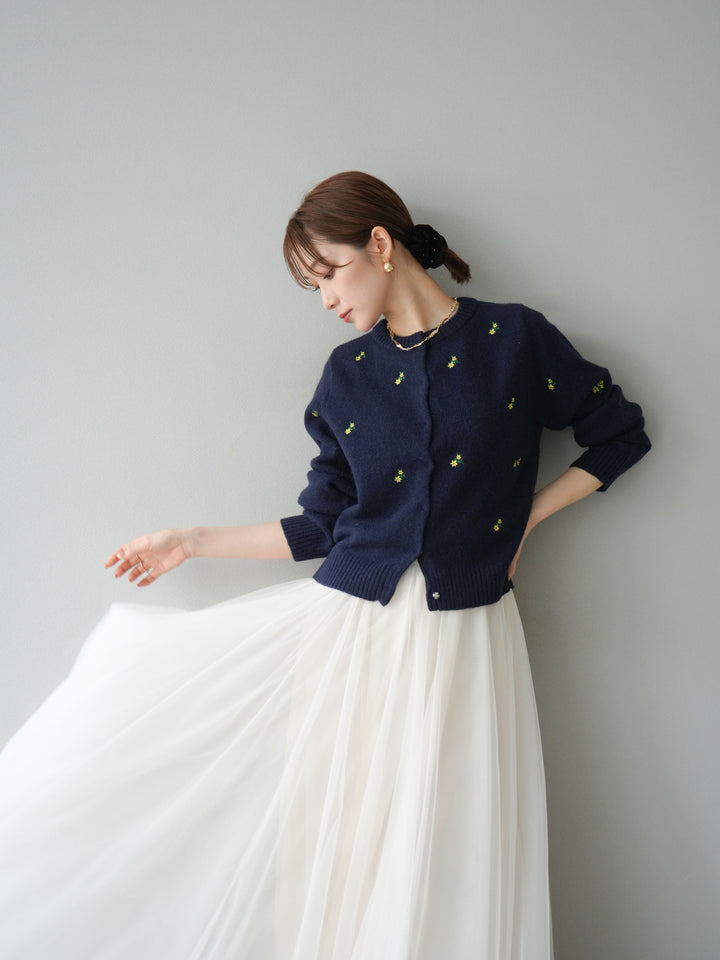 [SET]フラワー刺繍ニットカーディガン+チュールボリュームスカート(2set)