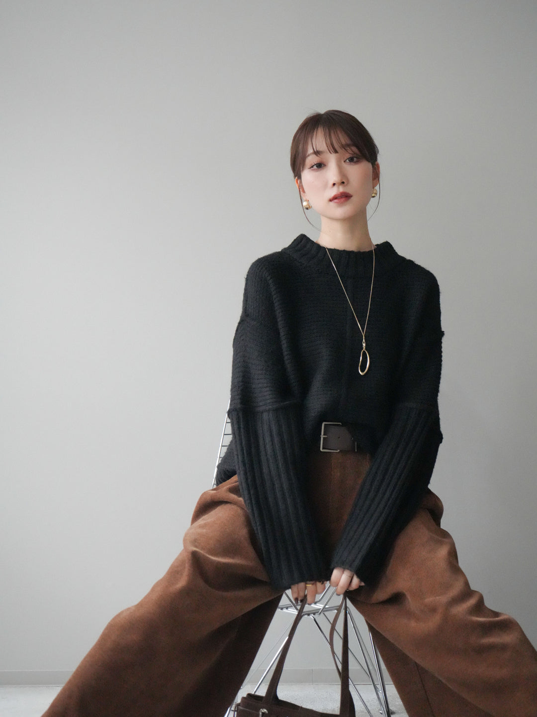 [SET]編み地切替ボトルネックニットプルオーバー+選べるアクセセット(2set)