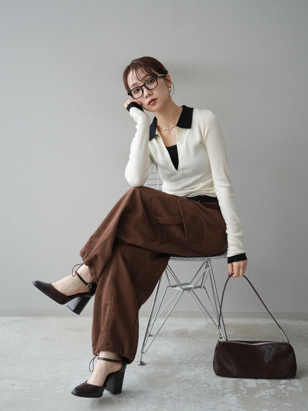 [予約]レイヤード配色ポロニットトップス/beige