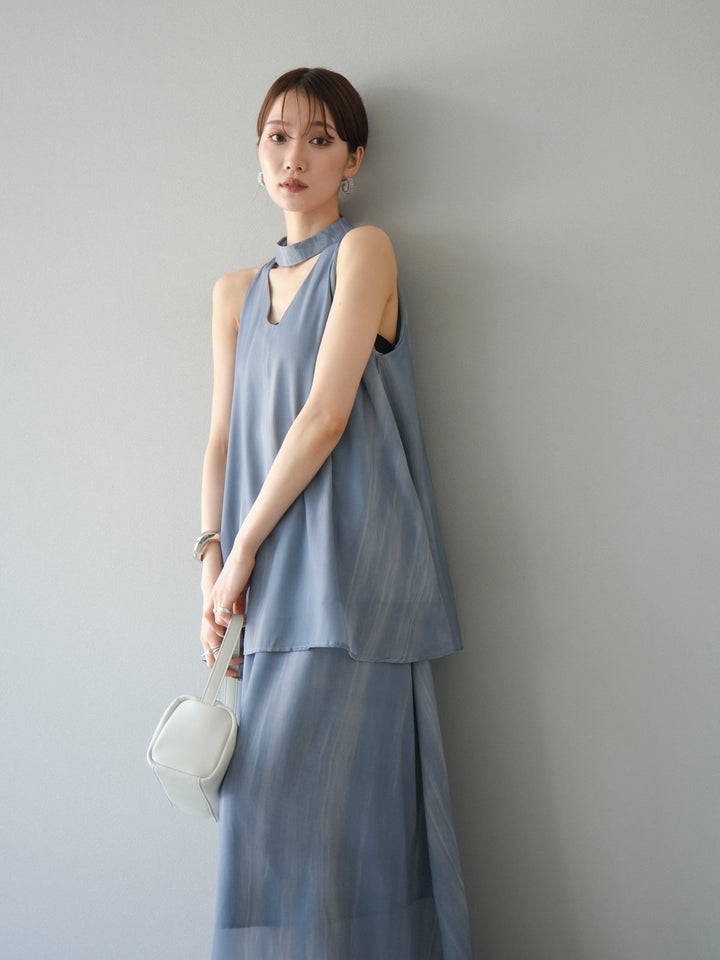 [SET] 細膩花紋V領襯衫＆喇叭裙（2套）