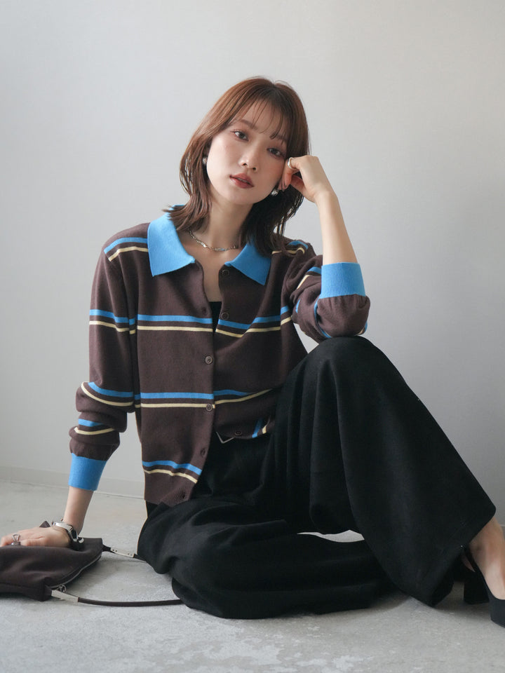 [予約]配色マルチボーダーポロニットカーディガン/brown