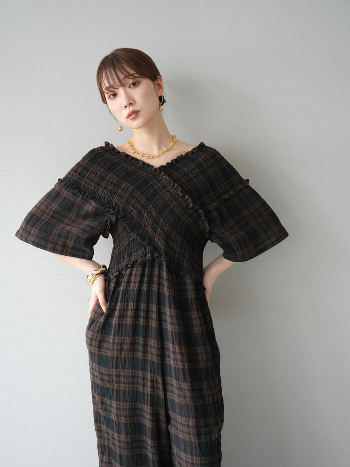 [予約]チェック柄ハーフスリーブシャーリングクロスサロペット/ブラウン