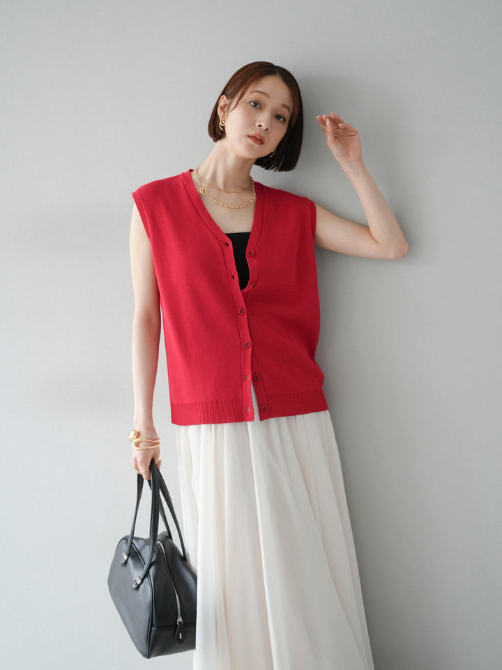 [SET] V領人造絲針織背心+雪紡喇叭裙（2件組）