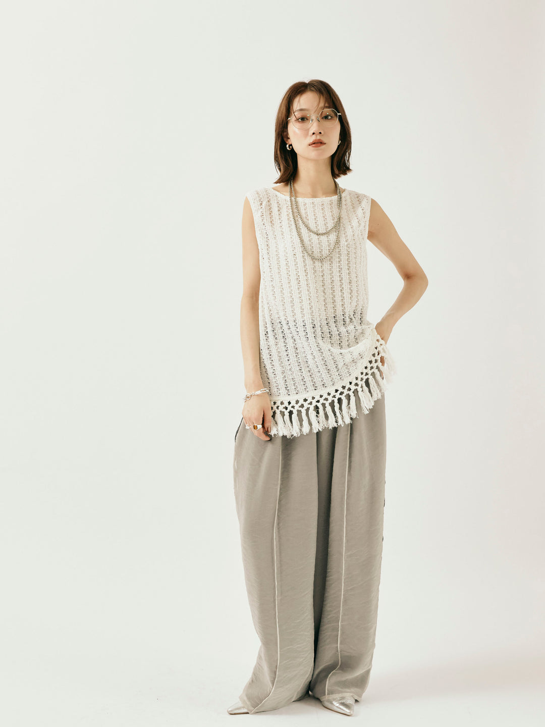 [予約]オーガンジーレイヤードサイドラインパンツ/グレージュ