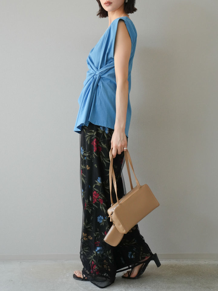 [SET] 側扭法式上衣+植物圖案休閒褲+繩繡薄紗疊穿褲（3件套裝）