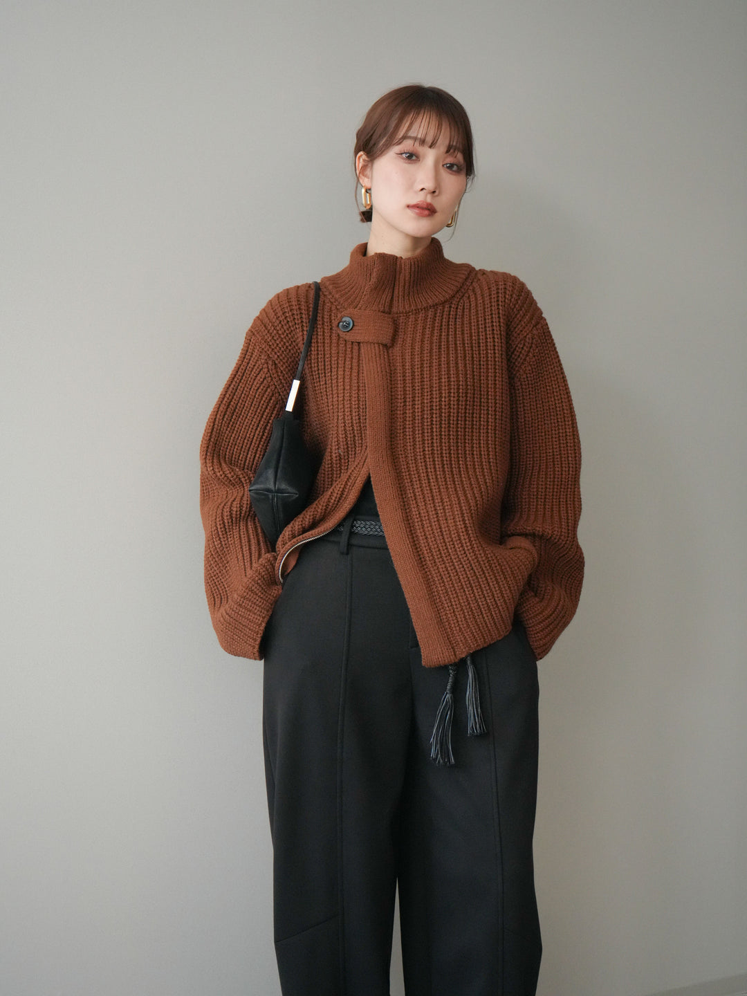 [SET]畦編みボトルネックZIPニットカーディガン+選べるアクセセット(2set)