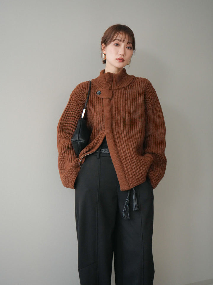 [SET]畦編みボトルネックZIPニットカーディガン+選べるアクセセット(2set)