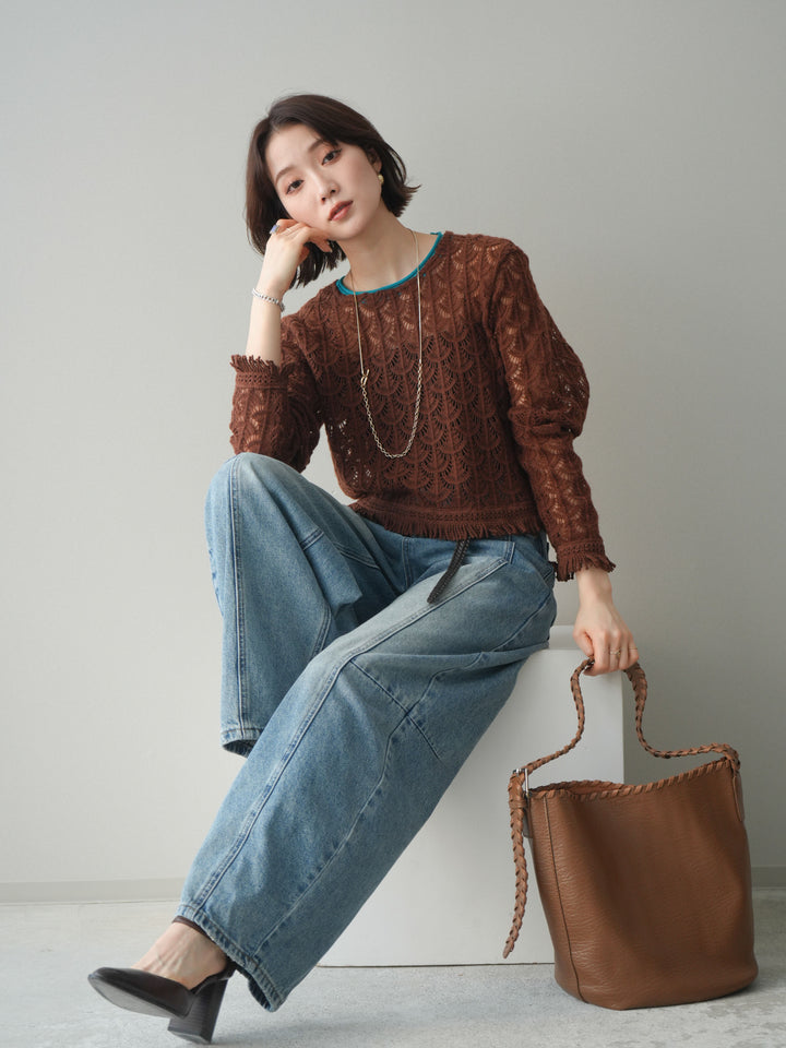 [予約]扇透かし編みクロップドニットプルオーバー/brown