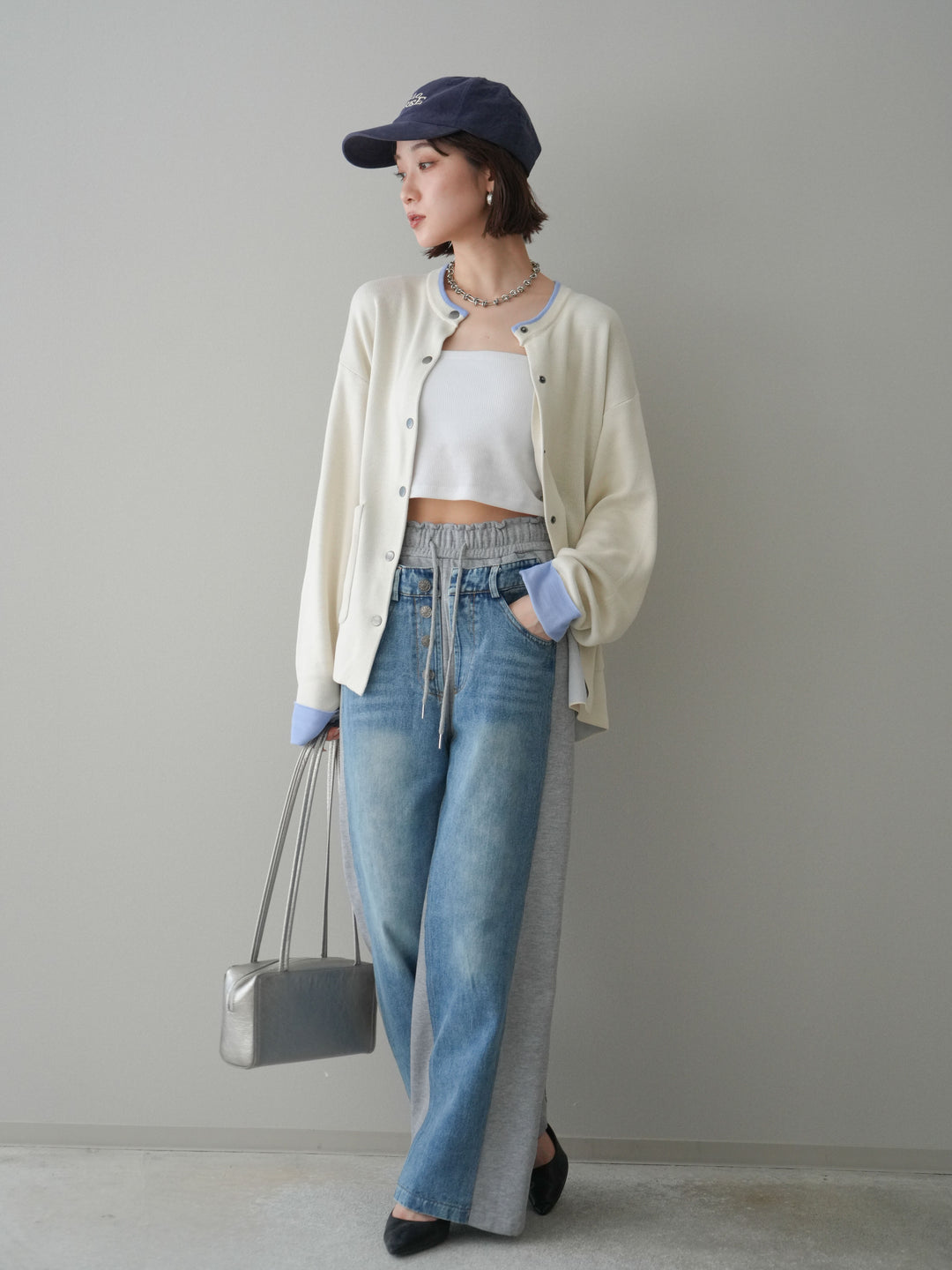 [SET]バイカラーオーバーニットカーディガン+デニム切替スウェットパンツ(2set)