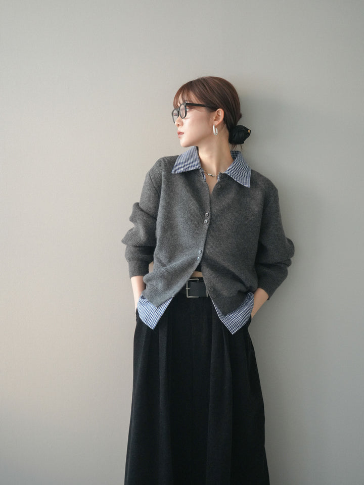 [SET]チェックシャツ襟ニットカーディガン+ベルトデザインループコールテンワイドパンツ(ベルト付き)(2set)