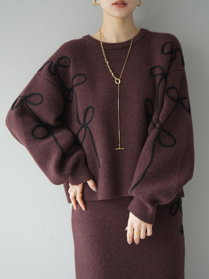 [予約]コード刺繍ルーズニットプルオーバー/ブラウン