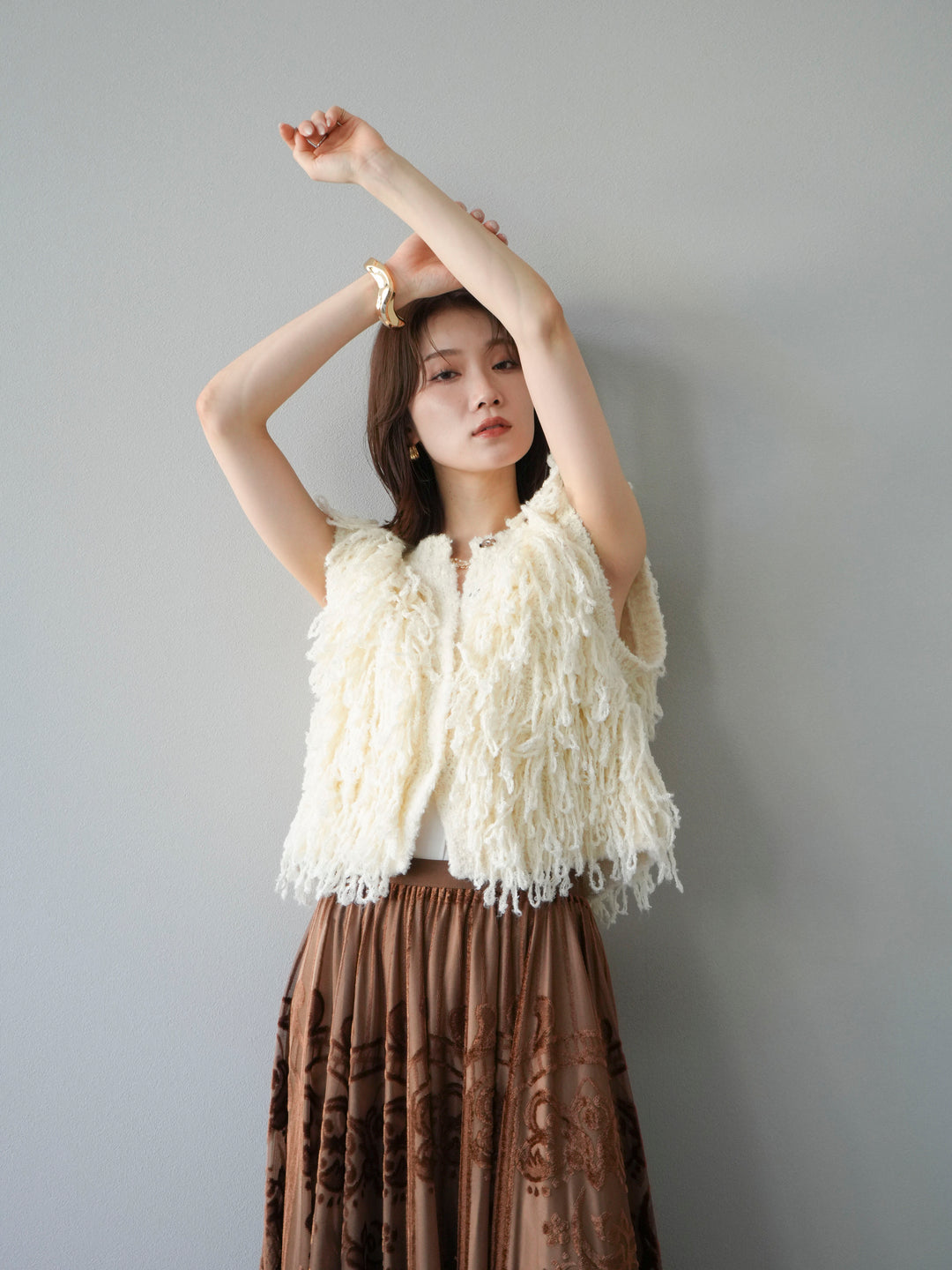 [SET]フリンジループニットベスト+アンティーク柄フロッキーマキシスカート(2set)