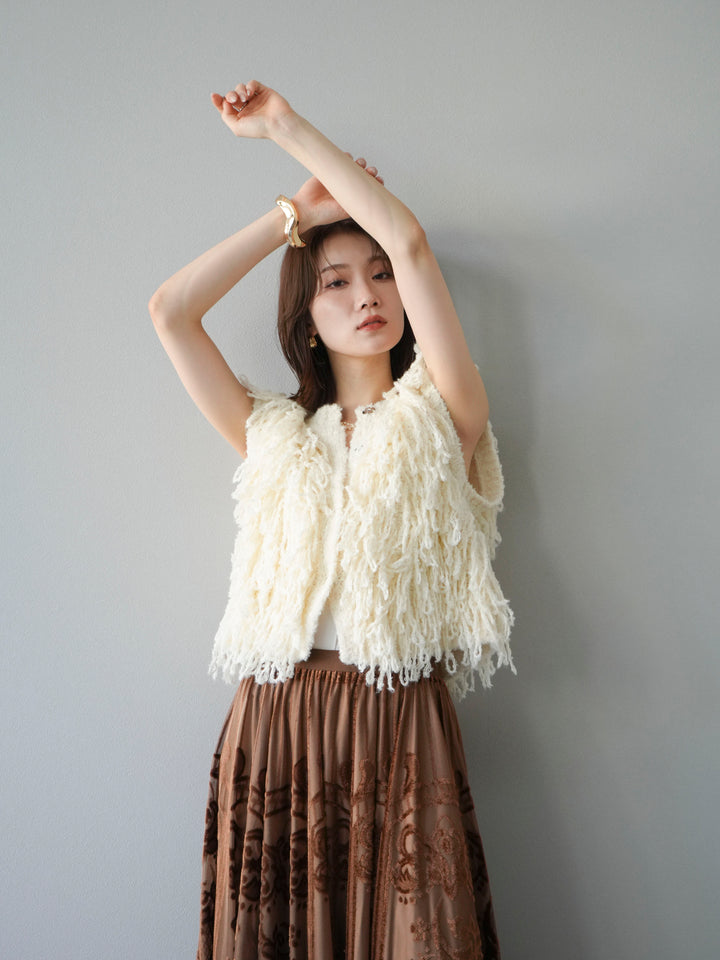 [SET]フリンジループニットベスト+アンティーク柄フロッキーマキシスカート(2set)